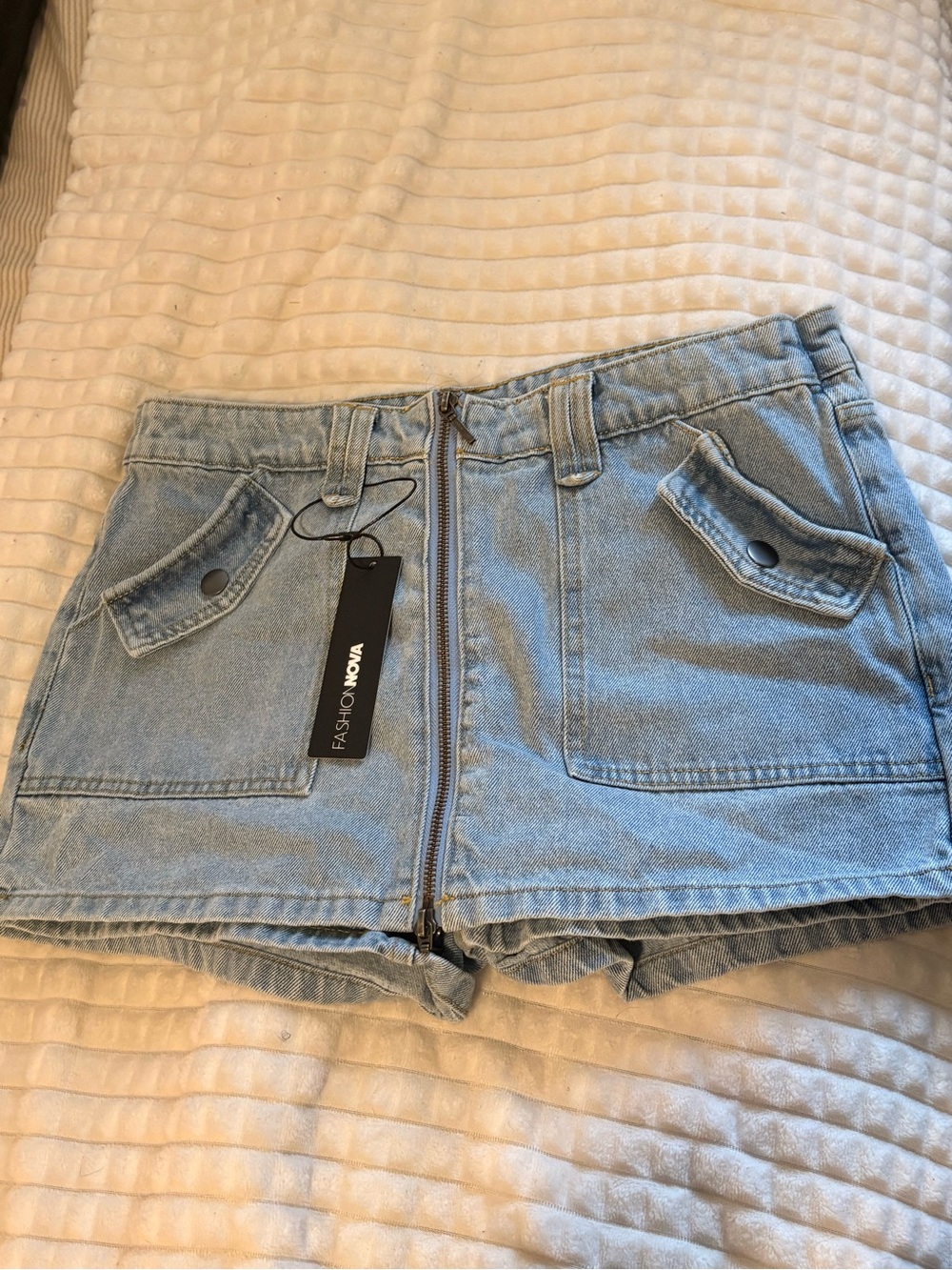 Fashion Nova Light Wash Denim Mini Skirt with Front Zip